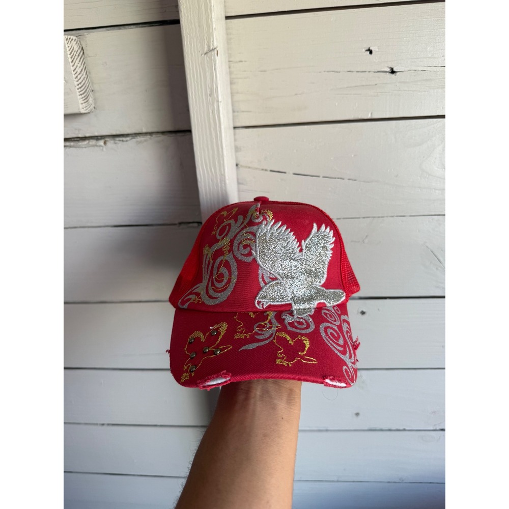 Black White Red y2k Trucker Hat Silver Glitter Eagle Embroidered Snapback Cap